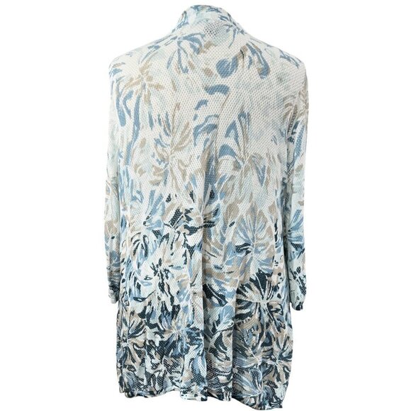 Catherines Ivory Teal Floral Leaf Mesh Open Front Lightweight Cardigan - Picture 2 of 7